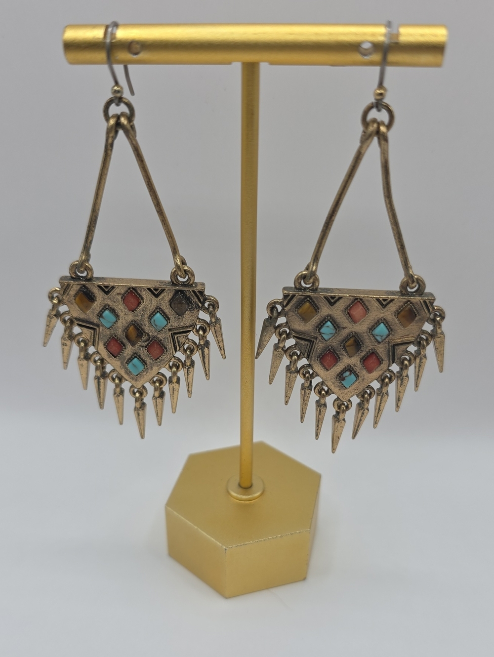 Southwestern Spike Drop Earrings  Turquoise Tigereye Coral Accents Vintage